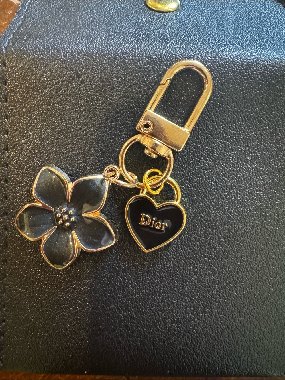 Dior Pull Black Enamel Flower & Heart Keychain Charm